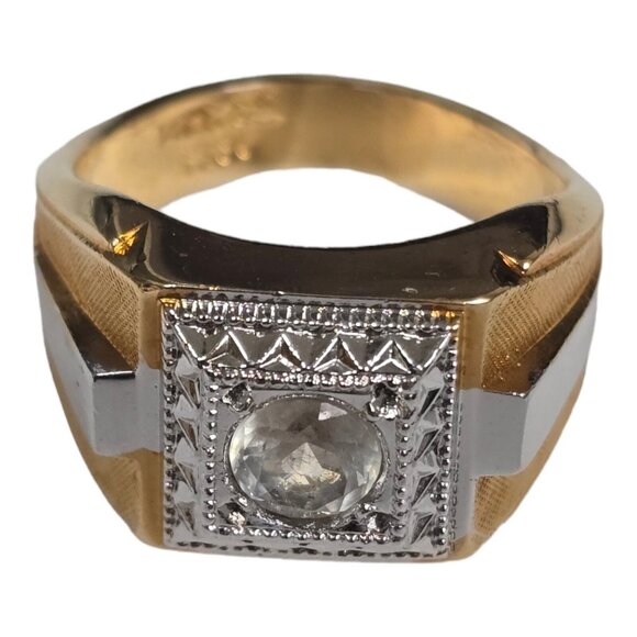 Vintage Men's ESPO Ring 14K Gold GE 2 Tone Cubic Zirconia Square Setting - Picture 1 of 14